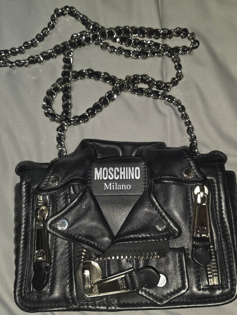 Moschino Biker Jacket Crossbody Bag Black Silver NWOT Never Used Like New